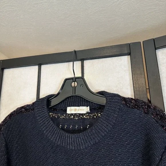 Tory Burch Sweater Stripe Metallic Merino Wool Alpaca Blend Danielle Navy Thick - Picture 5 of 11